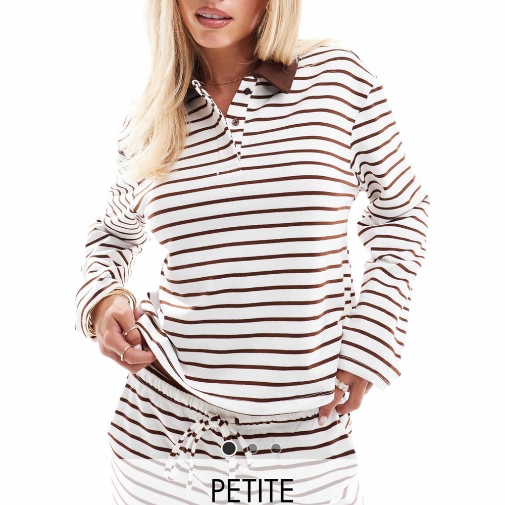 Vero Moda Petite jersey polo top in cream & brown stripe (part of a set) size L
